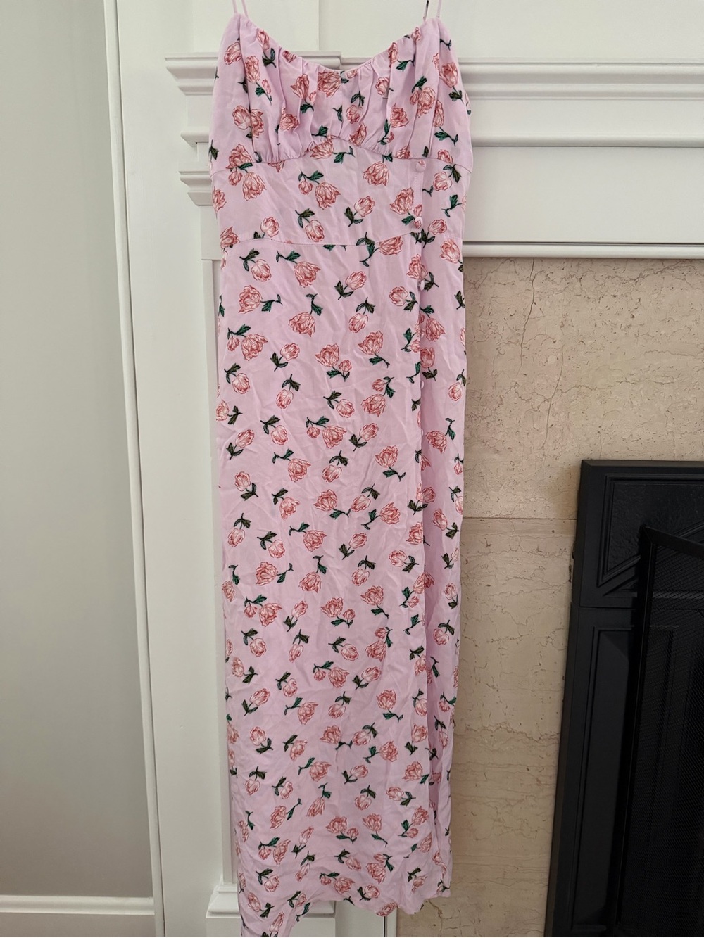 Zara Floral Pink Side Slit Feminine Coquette Rosette Spaghetti Strap Maxi Dress